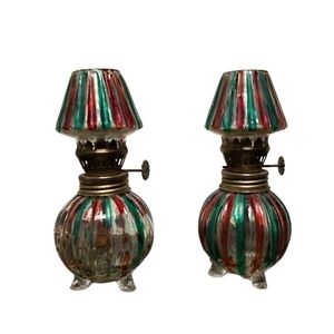 Vintage Clear Glass Green Red Stripes Tri-Footed Oil Kerosene Huricane Lamp 6"